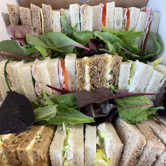 Assorted sandwich slices with greens arranged in lines on a white plate.