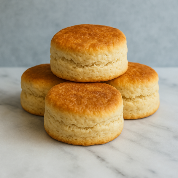 The image features four golden-brown plain scones stacked neatly in a pyramid formation on a smooth white marble surface. Their texture looks light and fluffy, with a slightly crisp top that hints at a perfect bake. The soft blue background adds a cool, clean contrast, making the warm tones of the scones stand out beautifully. The gentle, diffused lighting enhances the inviting appearance of the scones, creating a fresh and appetising scene