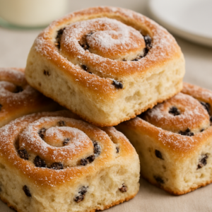 Four golden-brown Chelsea buns with a swirl of currants and a dusting of sugar, arranged on a soft beige cloth with a blurred background featuring a milk bottle, white bowl, and plate, creating a warm and inviting teatime setting