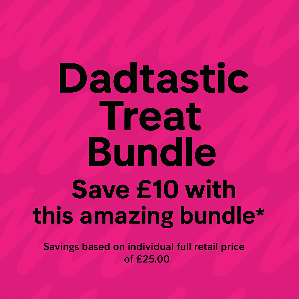 Bright pink square graphic with bold black text in the centre reading "Dadtastic Treat Bundle" against a playful, scribble-style background pattern.