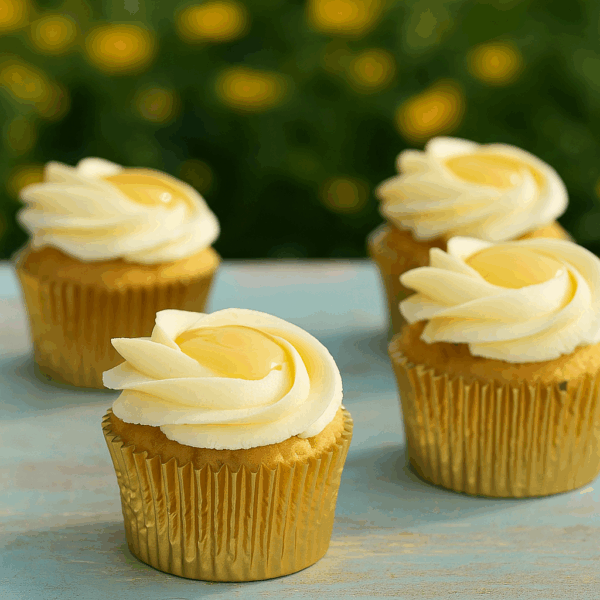 Four lemon curd cupcakes in gold foil cases, topped with swirls of buttercream and a glossy lemon curd centre, displayed on a rustic turquoise wooden surface with a soft-focus background of green foliage and yellow flowers.
